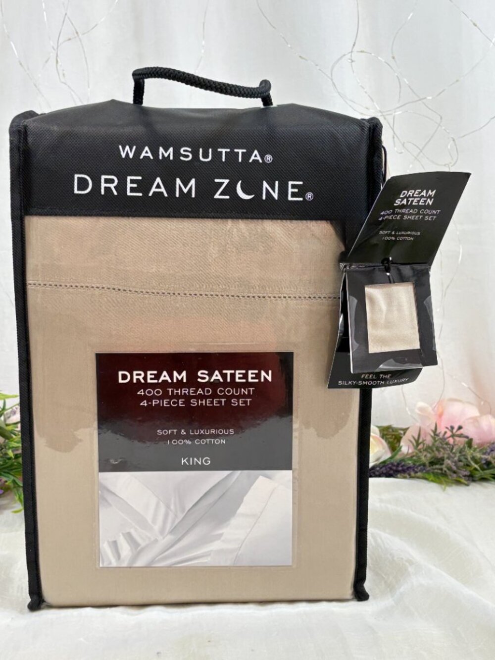 New Wamsutta Dream Zone Sateen Taupe 400 TC 4 Piece Cotton King Sheet Set